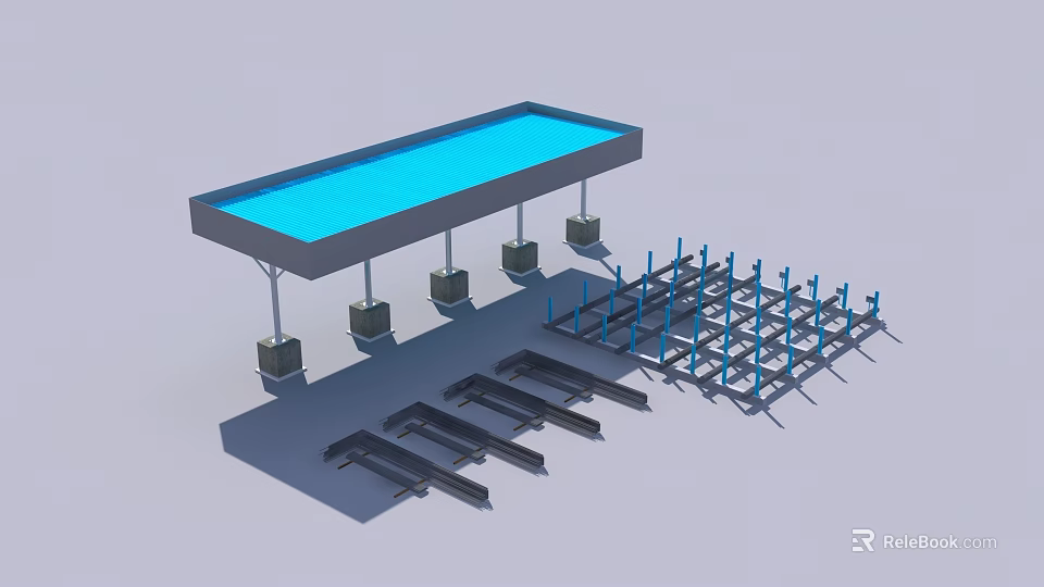 Construction Site Building Structure With Blue Platform Support Columns And Metal Frames 3d model