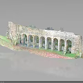 Ancient Stone Wall Ruins with Multiple Arches Green Plants and Surface Reflection
