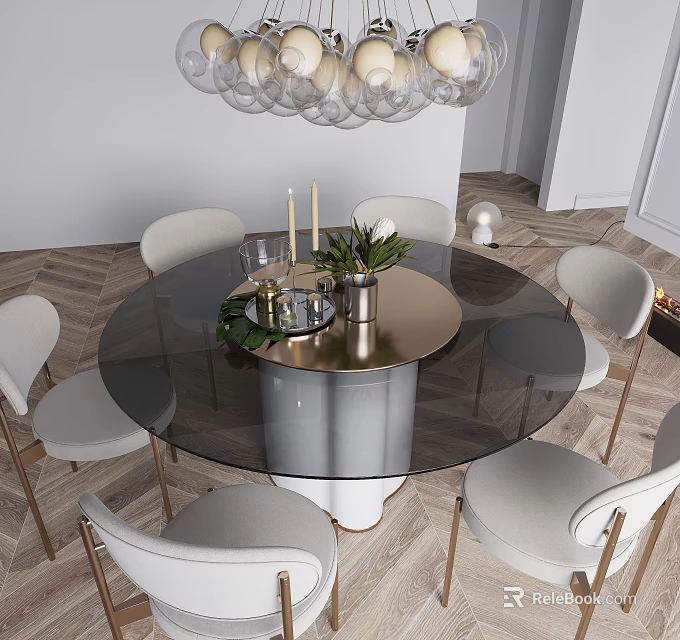 Modern Round Glass Top Dining Table Set With Gold Base Light Colored Chairs And Chandelier 3d model 