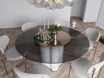 Modern Round Glass Top Dining Table Set With Gold Base Light Colored Chairs And Chandelier 3d model