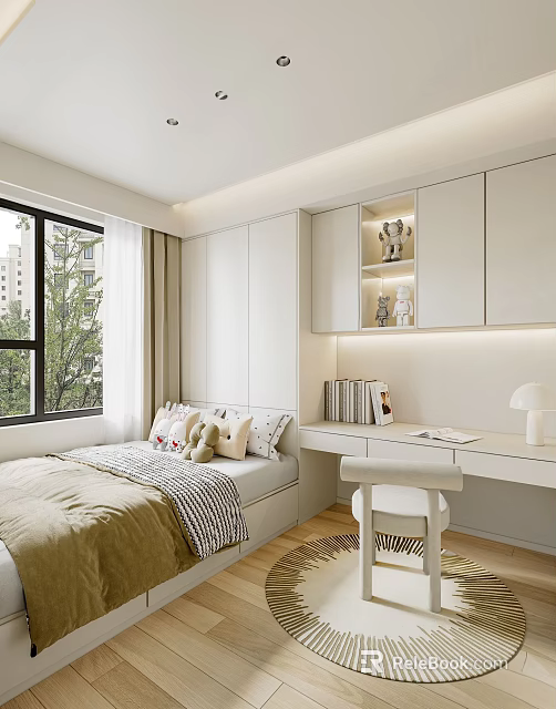 Modern Tatami Bedroom With Desk Storage Cabinets Window Decorative Dolls And Table Lamp 3d model 