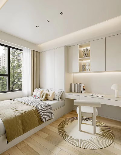 Modern Tatami Bedroom With Desk Storage Cabinets Window Decorative Dolls And Table Lamp 3d model