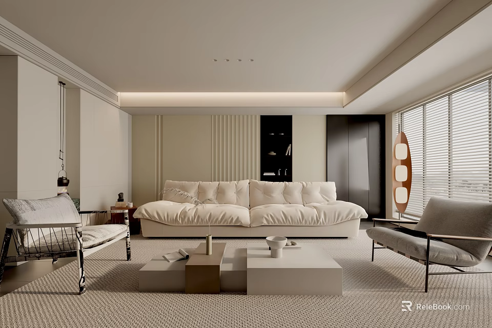 Modern Living Room Interior Design With White Sofa Light Carpet Metal Chairs And Window Blinds 3d model 