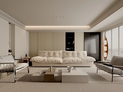 Modern Living Room Interior Design With White Sofa Light Carpet Metal Chairs And Window Blinds 3d model