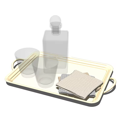 Stylish Wine Bottle and Glasses on Beige Tray with Stacked Cloth Napkins 3d model