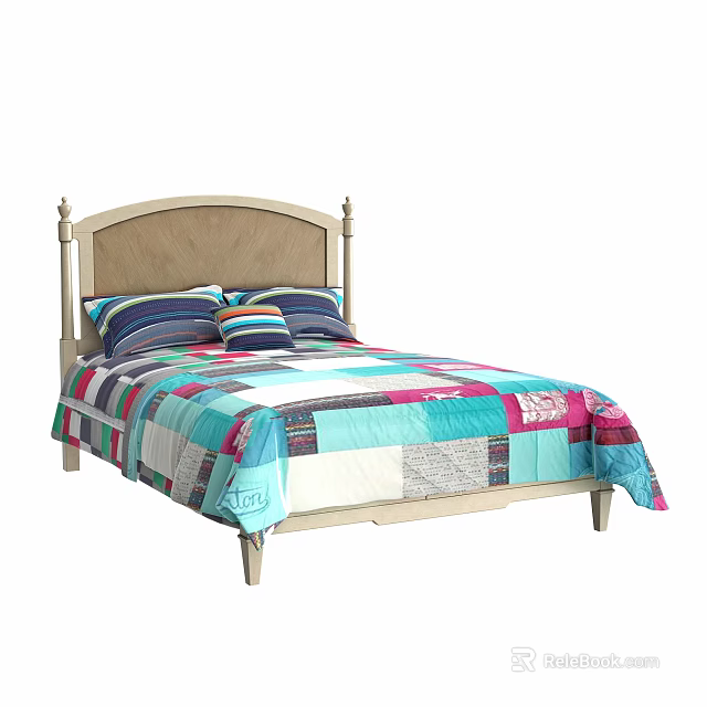 Double Bed with Light Wooden Frame Upholstered Headboard and Colorful Patchwork Quilt 3d model
