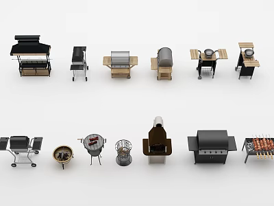 Collection of Outdoor Barbecue Equipment Including Grills Smokers And Grilling Tools 3d model
