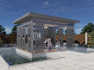 Modern Landscape Pavilion with Water Pond Lotus Leaves and People Under Blue Sky 3d model