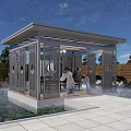 Modern Landscape Pavilion with Water Pond Lotus Leaves and People Under Blue Sky