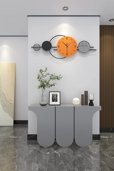 Orange Geometric Design Wall Clock With Grey Cabinet Green Plant Photo Frame And Decorative Items 3d model