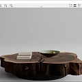 Natural Tree Stump Coffee Table With Wood Grain Texture Stack of Books and Fruit Bowl