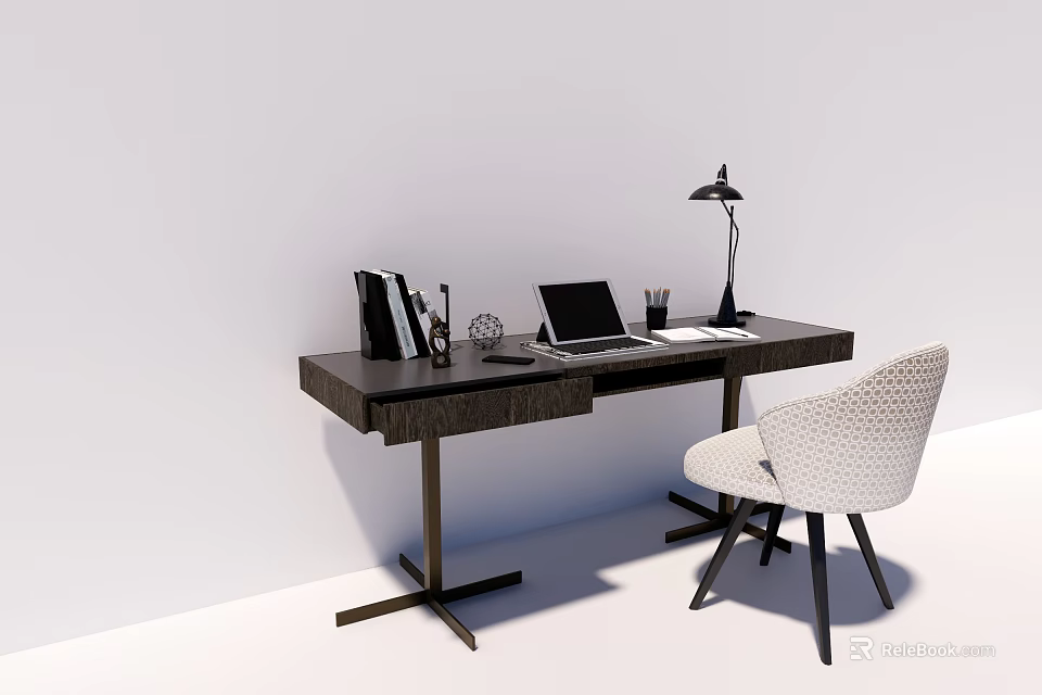Modern Home Office Desk With Black Lamp Laptop File Folders And White Woven Chair 3d model 