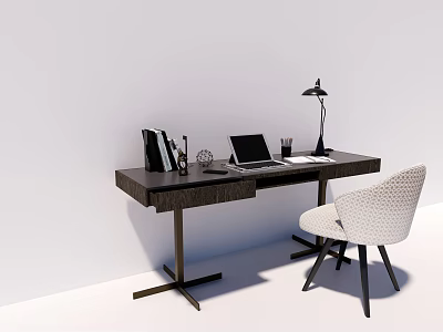 Modern Home Office Desk With Black Lamp Laptop File Folders And White Woven Chair 3d model