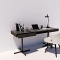 Modern Home Office Desk With Black Lamp Laptop File Folders And White Woven Chair