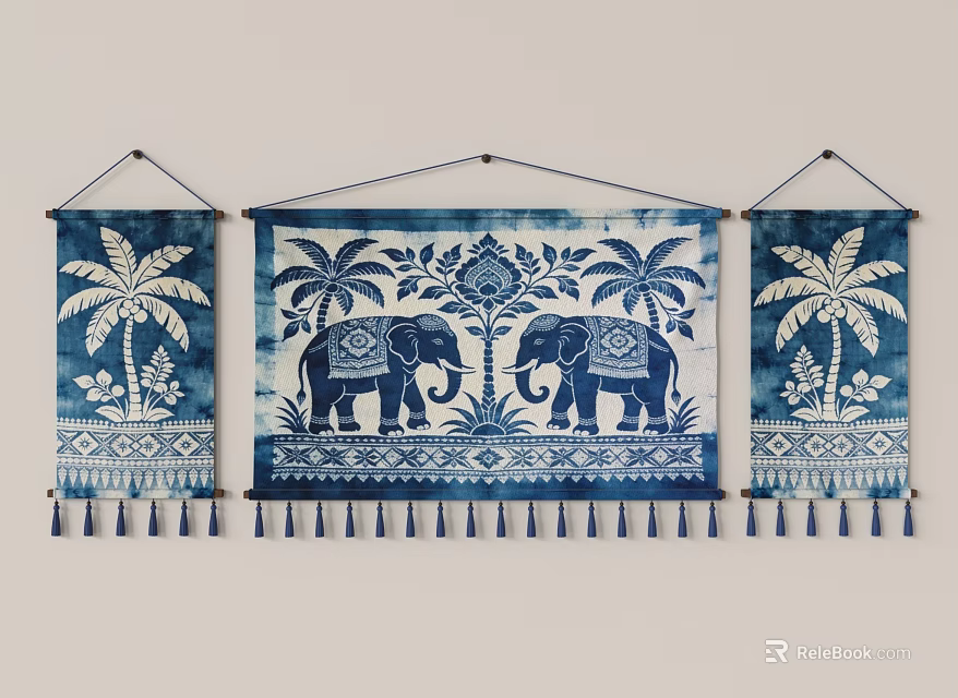 Blue and White Wall Hanging Decor with Elephants Palm Trees Floral Patterns and Tassels 3d model 