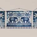 Blue and White Wall Hanging Decor with Elephants Palm Trees Floral Patterns and Tassels