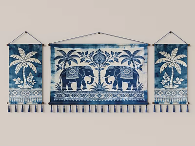 Blue and White Wall Hanging Decor with Elephants Palm Trees Floral Patterns and Tassels 3d model