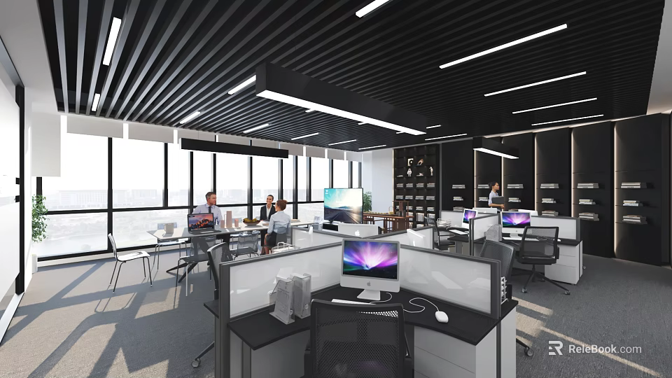 Modern Office Workspace with Cubicles Computers Large Windows People Working and Ceiling Lighting 3d model 