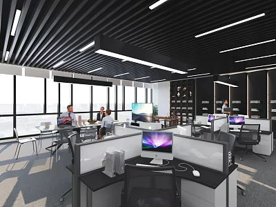Modern Office Workspace with Cubicles Computers Large Windows People Working and Ceiling Lighting 3d model