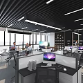 Modern Office Workspace with Cubicles Computers Large Windows People Working and Ceiling Lighting