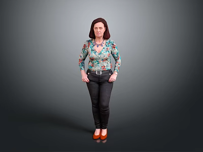 Woman in Floral Blouse Black Pants and Red High Heels Standing Against Gray Background 3d model