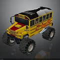 Yellow Monster School Bus With Large Tires Flame Decals And Black White Top