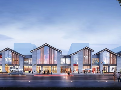 Vibrant Commercial Street With Modern Architecture Glass Facades Storefronts And Busy Pedestrians 3d model