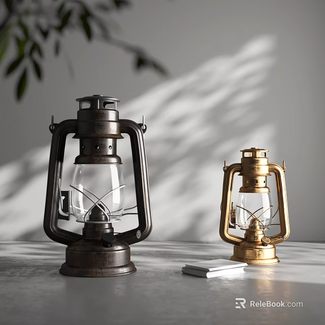 Vintage Black and Gold Candle Lanterns on Tabletop with Plant Shadows and Book 3d model 