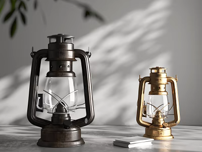 Vintage Black and Gold Candle Lanterns on Tabletop with Plant Shadows and Book 3d model