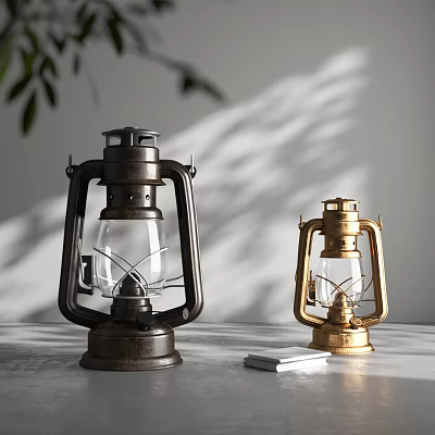 Vintage Black and Gold Candle Lanterns on Tabletop with Plant Shadows and Book 3d model