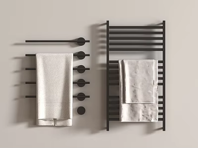 White Bathroom Towels Hanging on Black Towel Racks and Holders 3d model