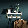 Modern Wall Mounted Coat Rack With Gold Hooks White Shelf Picture Frames And Flowers