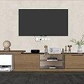 Natural Wooden TV Stand in Living Room With Decorations Lamp Vase and Figurines