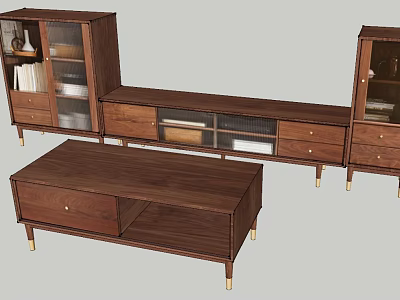 Modern Wooden TV Stand With Glass Doors Drawers And Gold Metal Legs 3d model