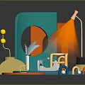 Vibrant Colorful Cartoon Scene With Geometric Shapes Chairs Plant And Lamps
