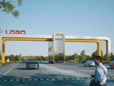 Modern Yellow Arch Entrance Gate With Logo Sign Cars Pedestrians And Green Trees 3d model