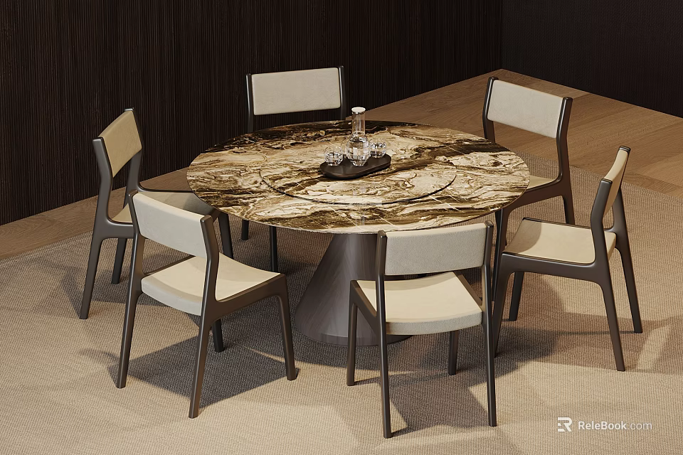 Round Marble Dining Table Set with Six Wooden Frame Chairs and Light Colored Cushions 3d model