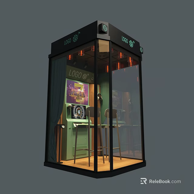 Enclosed Public Booth With Glass Walls Green Bar Counter Chairs Ceiling Lights LOGO Sign 3d model 