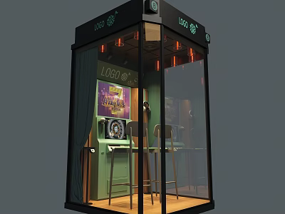Enclosed Public Booth With Glass Walls Green Bar Counter Chairs Ceiling Lights LOGO Sign 3d model