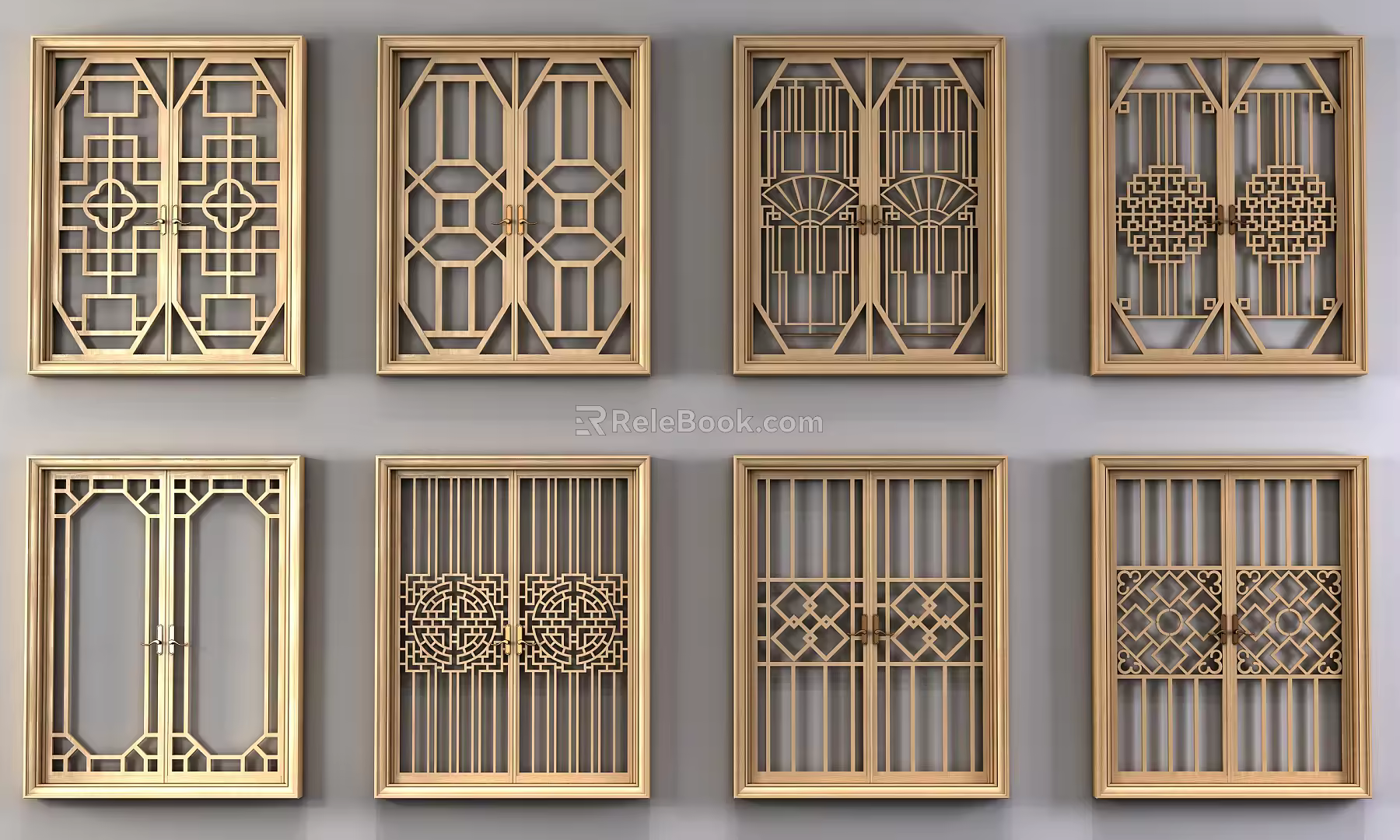 Chinese casement window carved component window combination 3d model