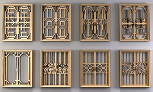 Chinese casement window carved component window combination 3d model