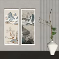 Traditional Chinese Two Panel Landscape Paintings With Mountains Water Buildings And Trees For Wall Decor