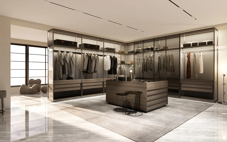 Modern Walk in Closet Interior Design With Hanging Clothes Cabinets Central Counter And Stools 3d model 