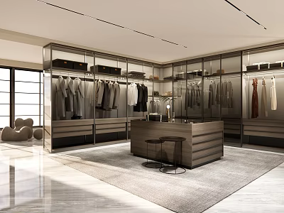 Modern Walk in Closet Interior Design With Hanging Clothes Cabinets Central Counter And Stools 3d model