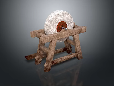 Traditional Stone Mill On Rustic Wooden Stand For Home Daily Use 3d model