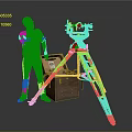 Man Standing By Surveying Instrument On Orange Tripod With Open Wooden Chest