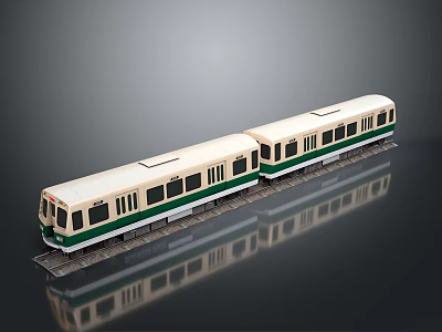 White and Green Model Train with Two Carriages on Black Background and Reflection 3d model