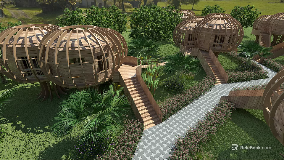 Dome Shaped Wooden House With Wooden Stairs Stone Path And Lush Greenery 3d model 