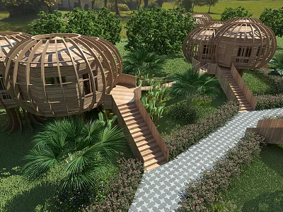 Dome Shaped Wooden House With Wooden Stairs Stone Path And Lush Greenery 3d model