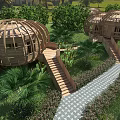 Dome Shaped Wooden House With Wooden Stairs Stone Path And Lush Greenery